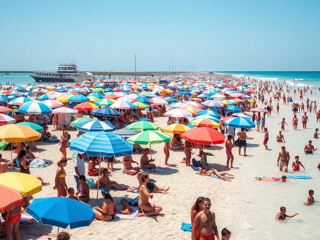 A crowded summer beach with colourful umbrellas and families.