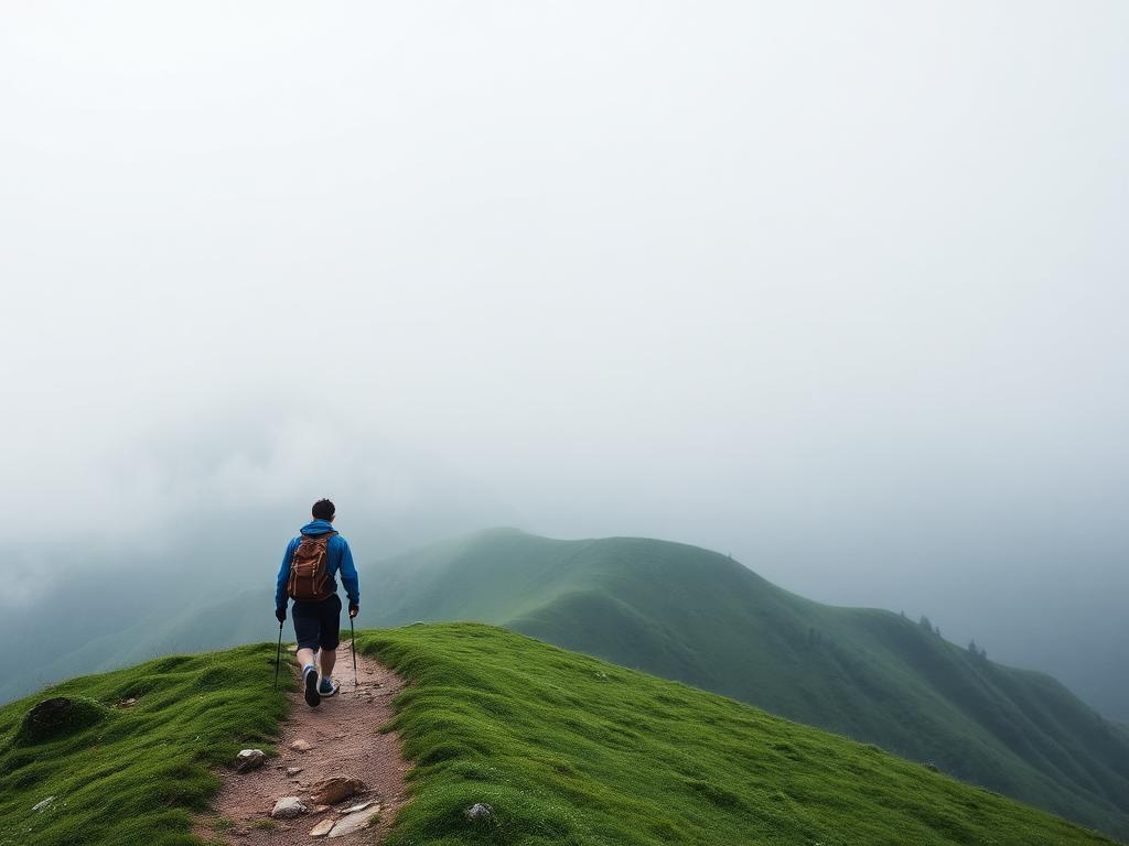 A hiker walking alone on a quiet green mountain trail.