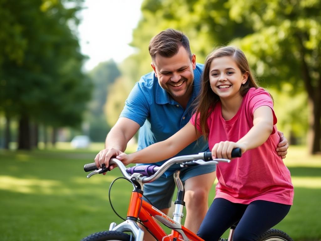 A parent helping a child learn to ride a bicycle in a park.