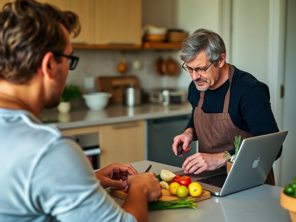 An adult following an online cookery class on a laptop in a kitchen.