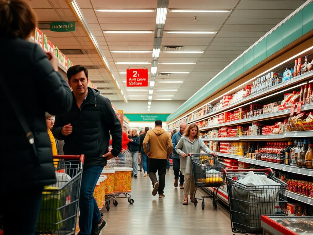 A busy supermarket aisle with shoppers pushing trolleys.