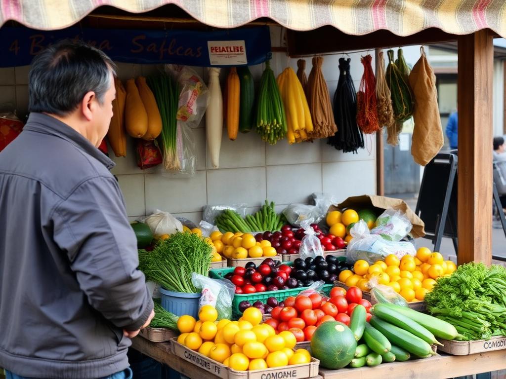 A small outdoor market stall selling fresh fruit and vegetables.