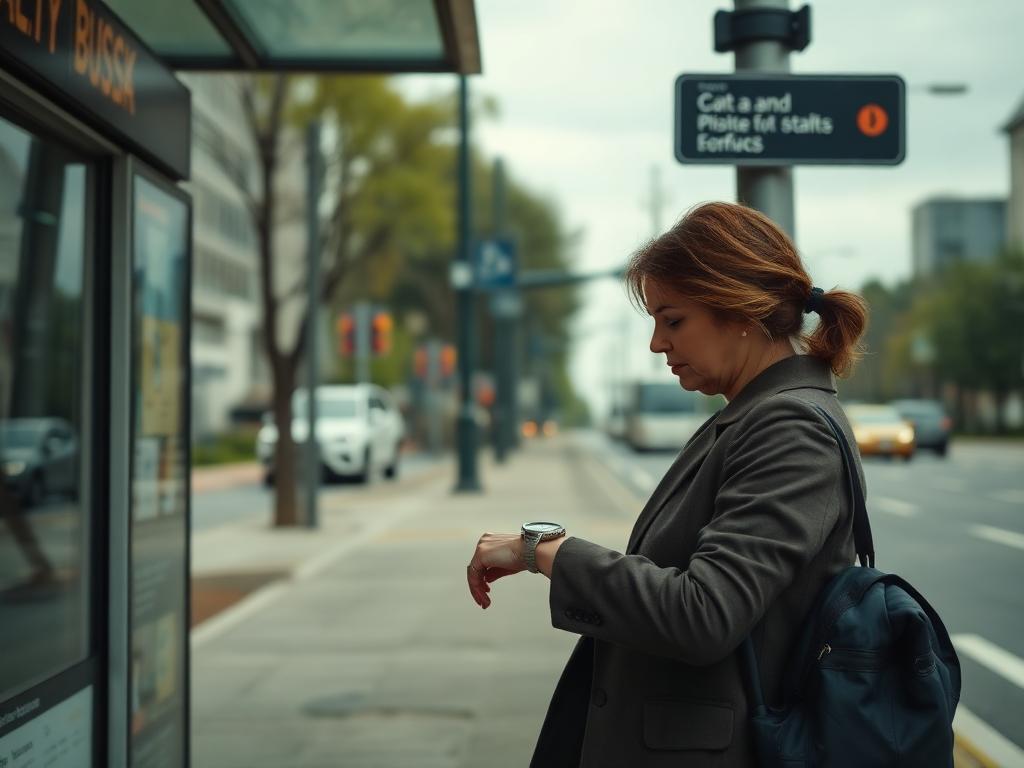 A woman waiting alone at a city bus stop, checking her watch.
