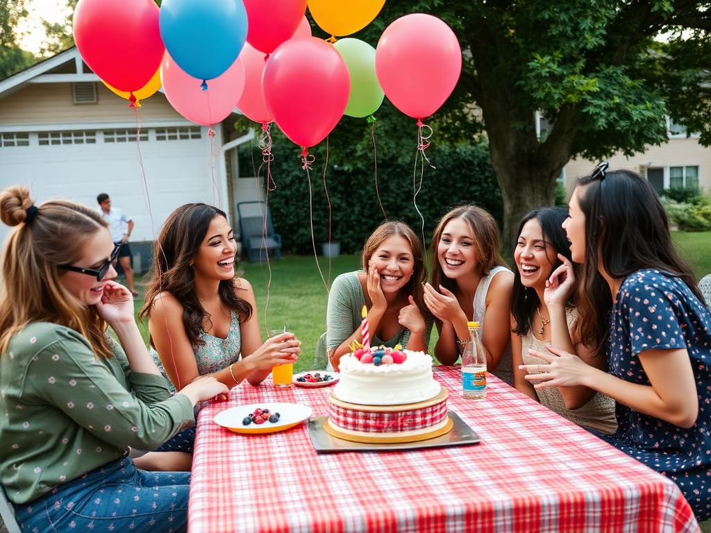 Friends celebrating around an outdoor table with a cake and balloons.