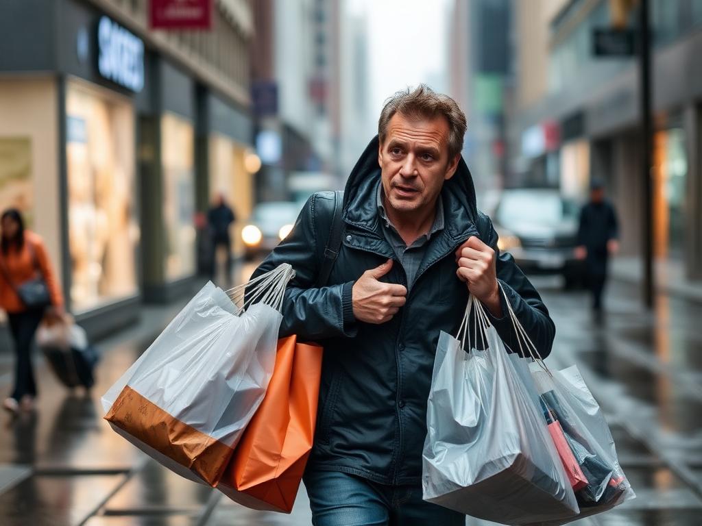 A man carrying heavy shopping bags in the rain on a city street.