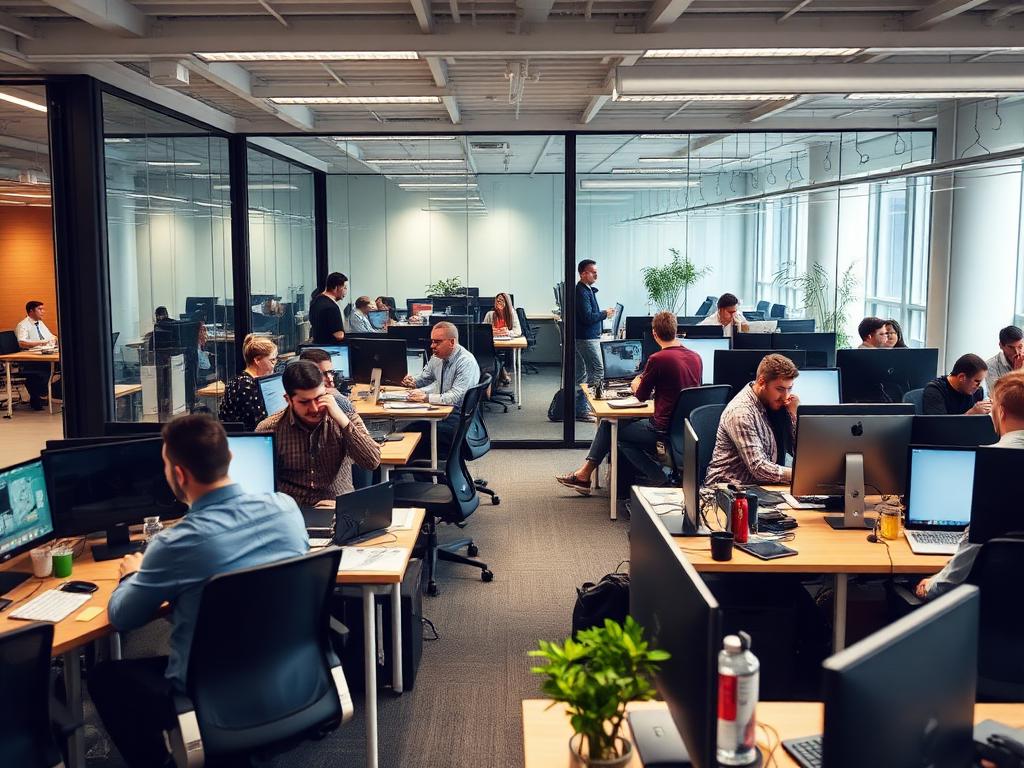 A busy open-plan co-working office with people at desks.