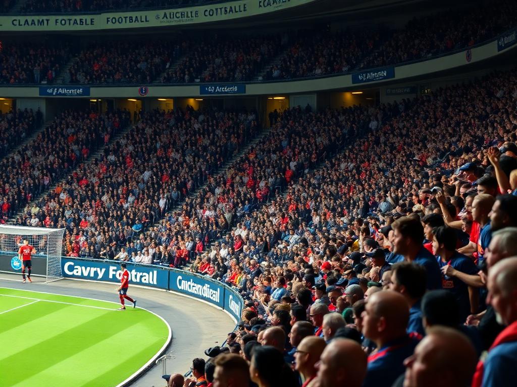 A crowd of fans watching a live football match in a stadium.