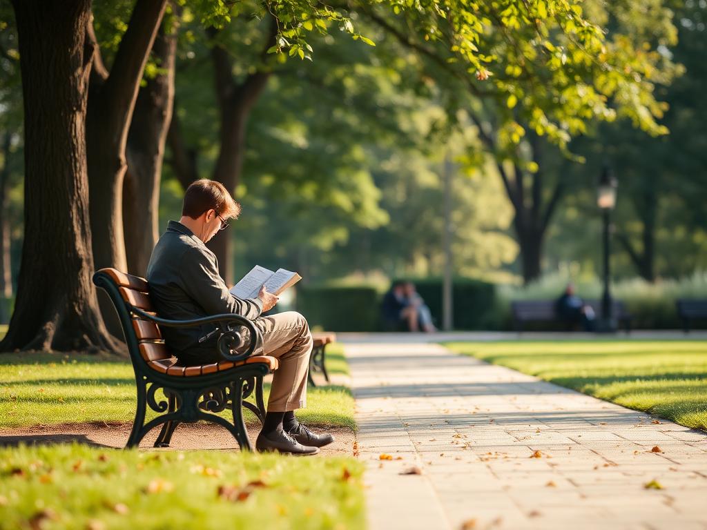 A person reading a book alone on a park bench.