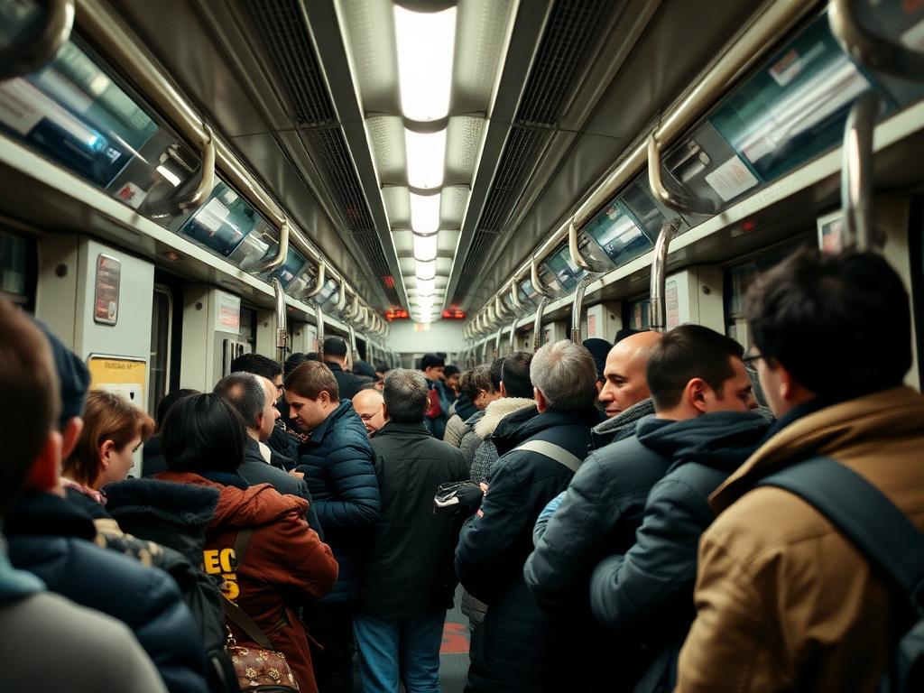 A packed underground train carriage at rush hour.