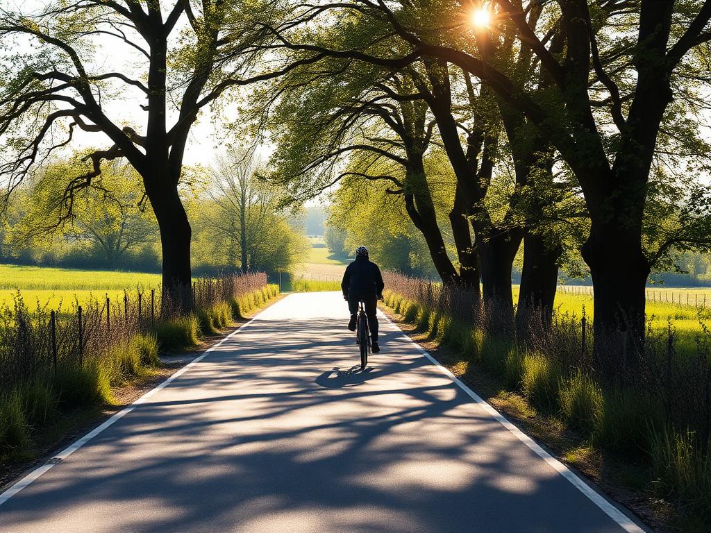 A cyclist riding along a quiet tree-lined country road.