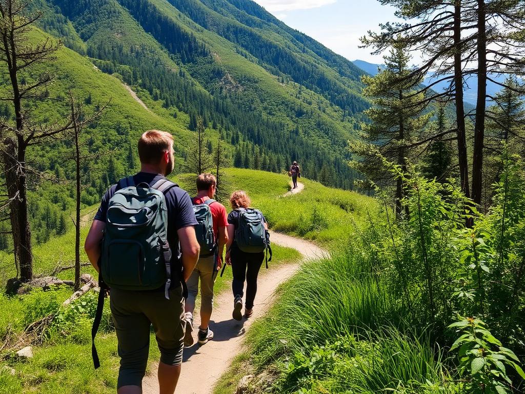 A group of friends hiking along a mountain trail with backpacks.
