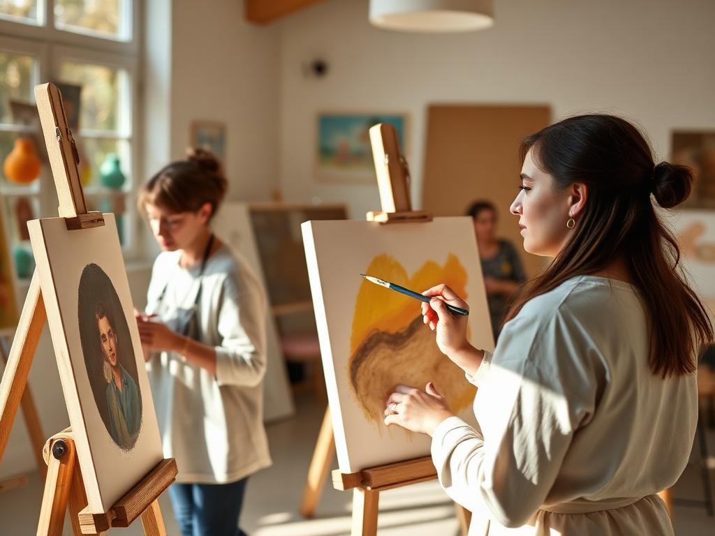 Two people painting at easels in a bright art class.