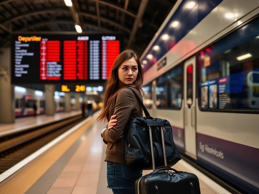 A young woman with luggage looking at a departure board in a train station.