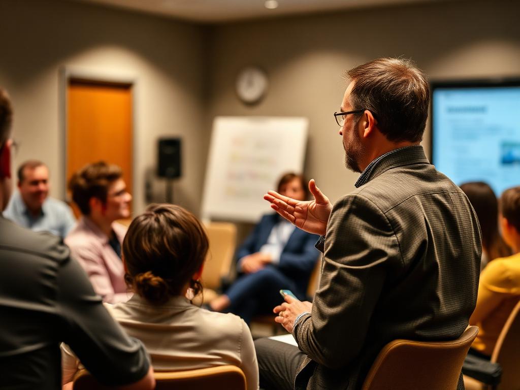 A person presenting to a small audience in a meeting room.