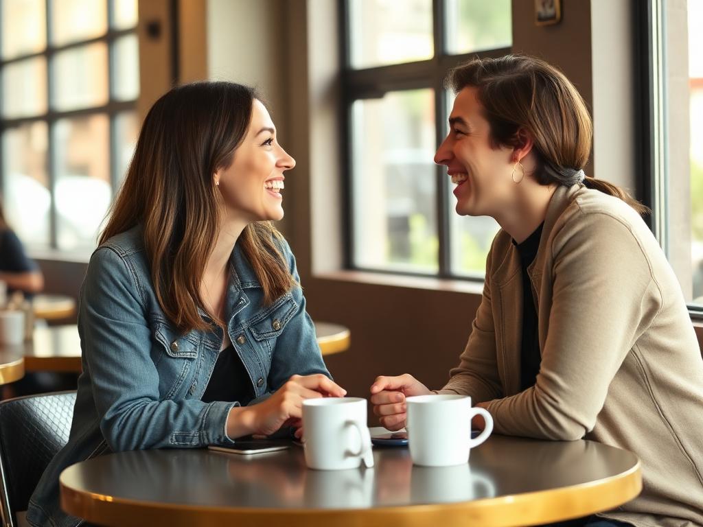 Two friends talking face to face at a cafe table.