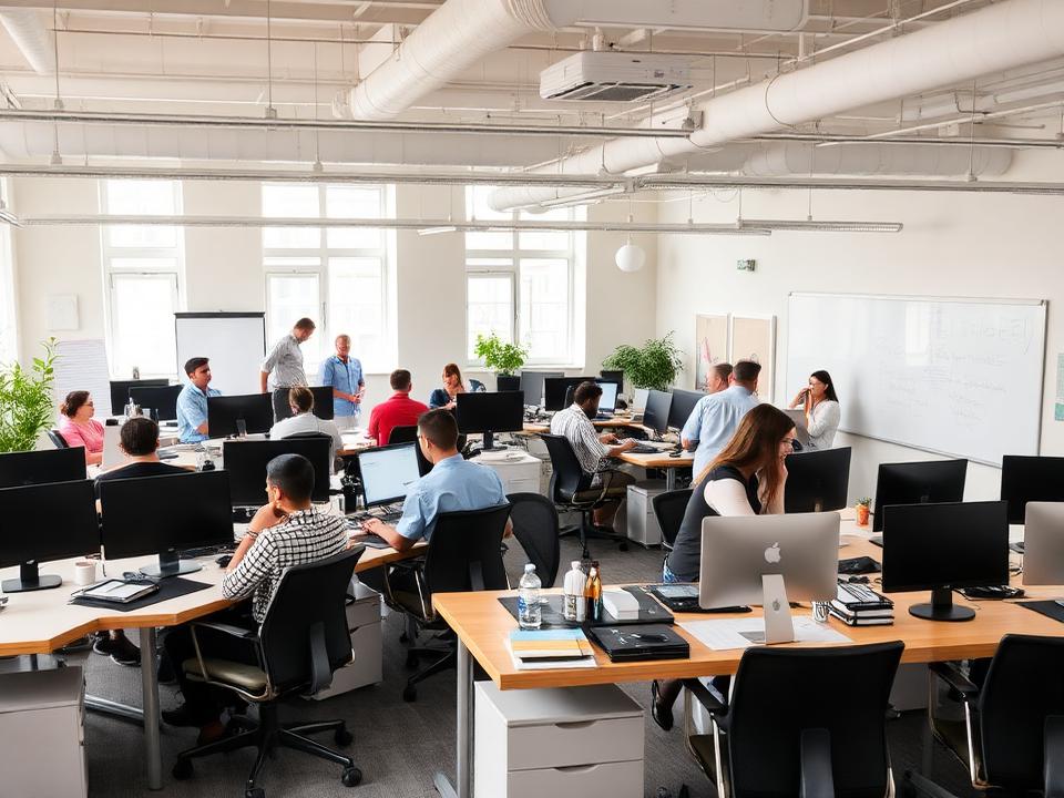 A busy open-plan office with several colleagues working together at shared desks with computers and whiteboards.