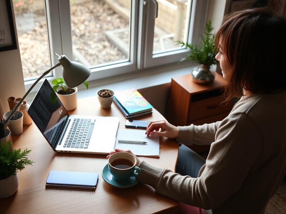 A person working alone at a tidy home desk with a laptop, a notebook and a cup of coffee, with natural light through a window.